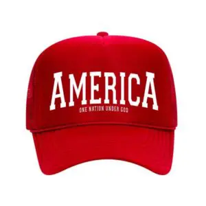 Close up of red America One Nation Under God trucker hat