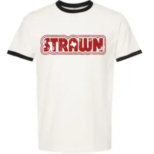 White Strawn ringer t-shirt with distressed red graphic design