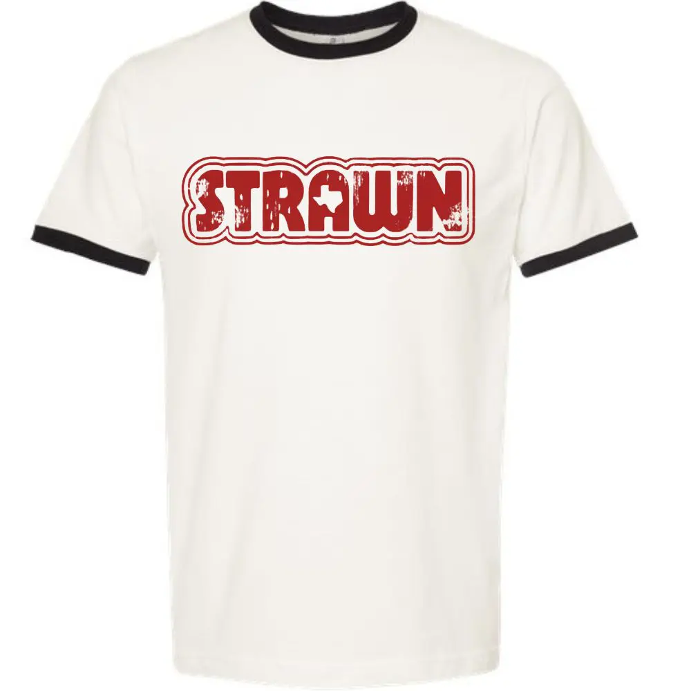 White Strawn ringer t-shirt with distressed red graphic design