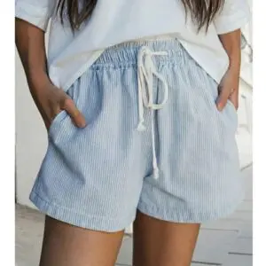 Women's striped denim shorts with drawstring waistband and side pockets