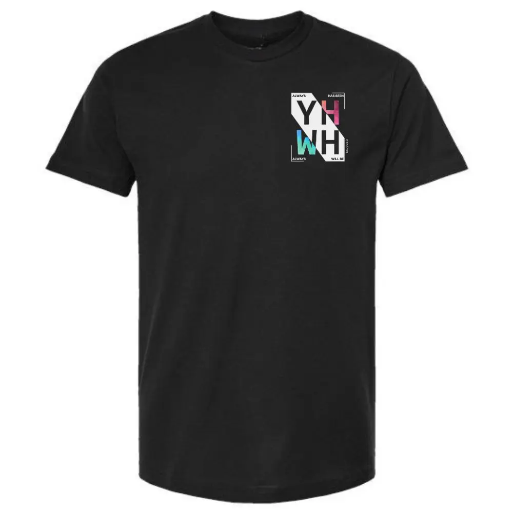 Black Christian t-shirt with small YHWH Exodus 3 chest graphic
