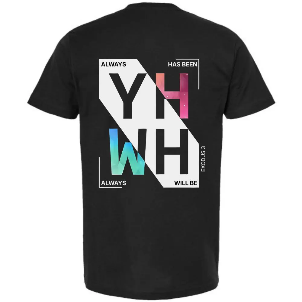 Back graphic of YHWH Christian shirt with colorful modern typography