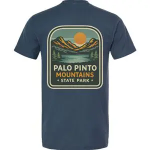 Back of indigo blue Palo Pinto Mountains State Park t-shirt with retro mountain outdoor graphic
