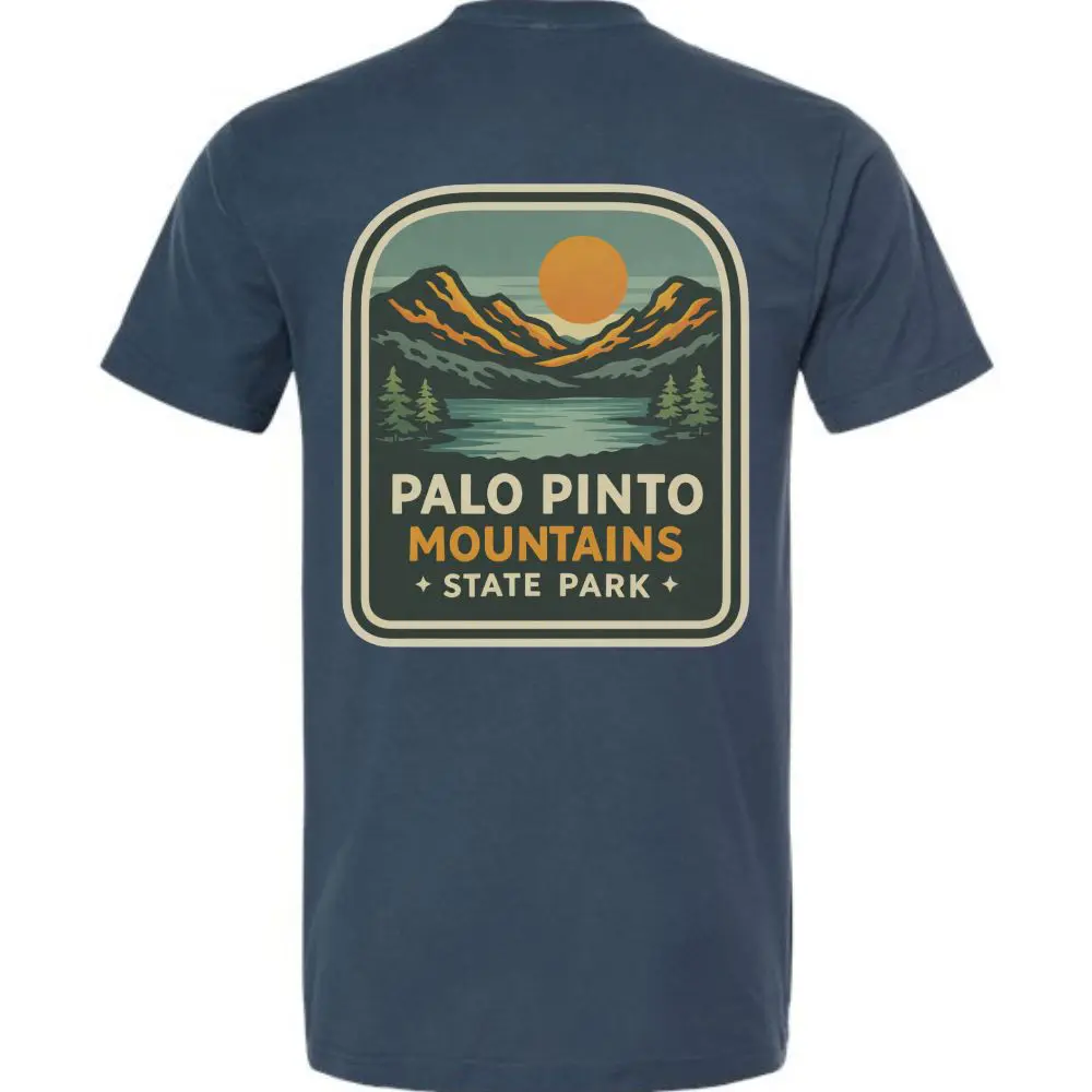 Back of indigo blue Palo Pinto Mountains State Park t-shirt with retro mountain outdoor graphic