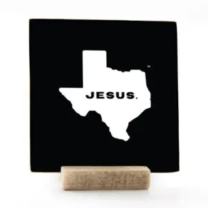 Texas Jesus wood sign in black with wooden display stand