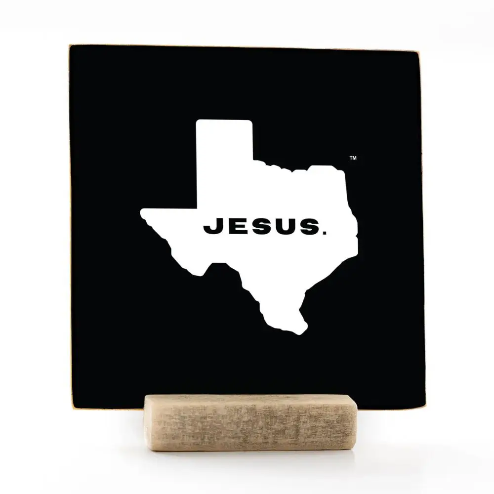 Texas Jesus wood sign in black with wooden display stand