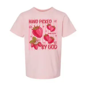 Pink Christian kids t-shirt with strawberry graphic and Hand Picked by God text