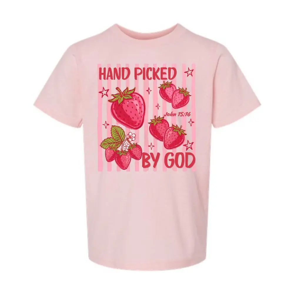 Pink Christian kids t-shirt with strawberry graphic and Hand Picked by God text