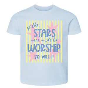 Light blue Christian kids t-shirt with colorful worship graphic and stars