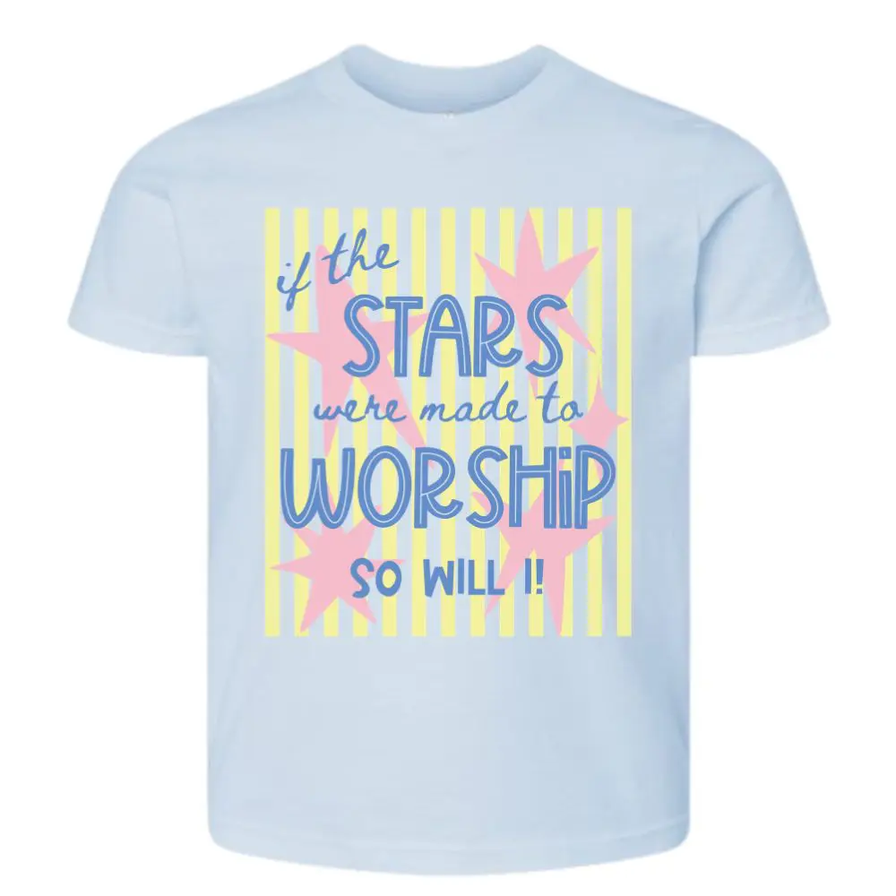 Light blue Christian kids t-shirt with colorful worship graphic and stars