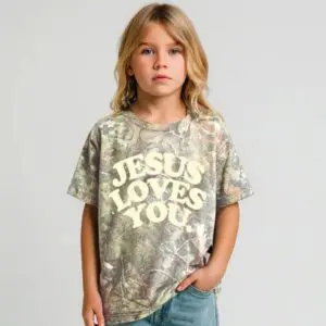 Kids camo t-shirt with retro Jesus Loves You graphic