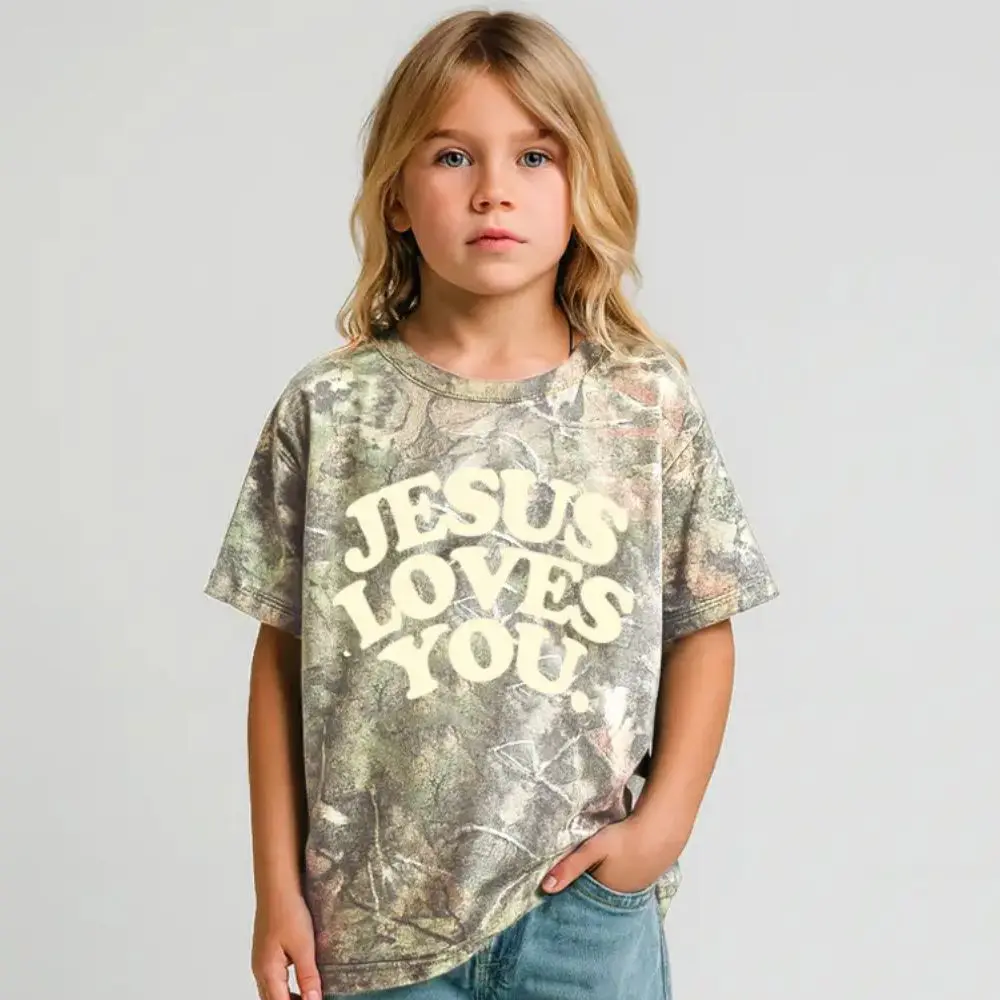 Kids camo t-shirt with retro Jesus Loves You graphic