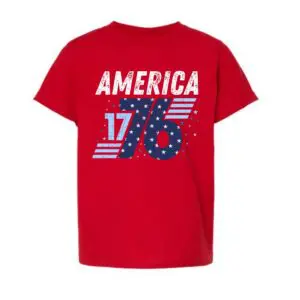 Kids red patriotic t-shirt with America 1776 graphic