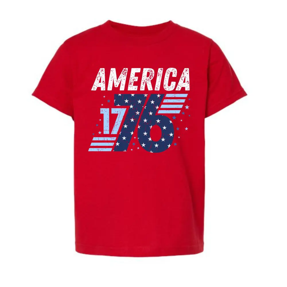 Kids red patriotic t-shirt with America 1776 graphic