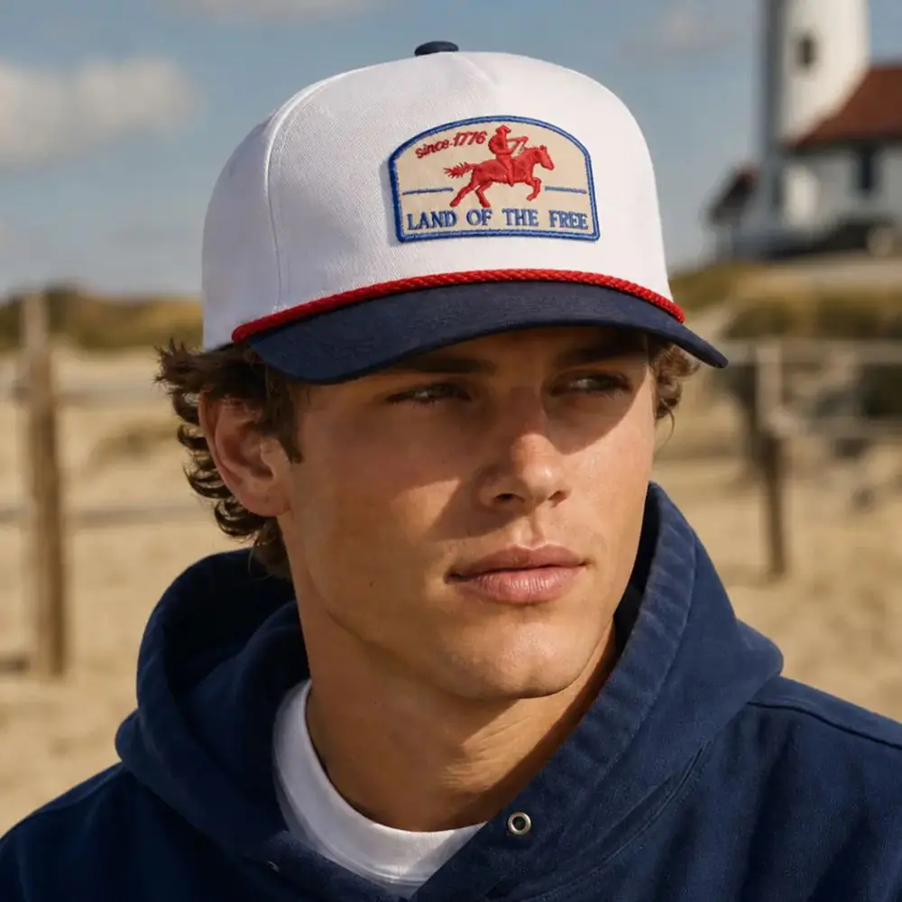 Man wearing Land Of The Free patriotic rope hat