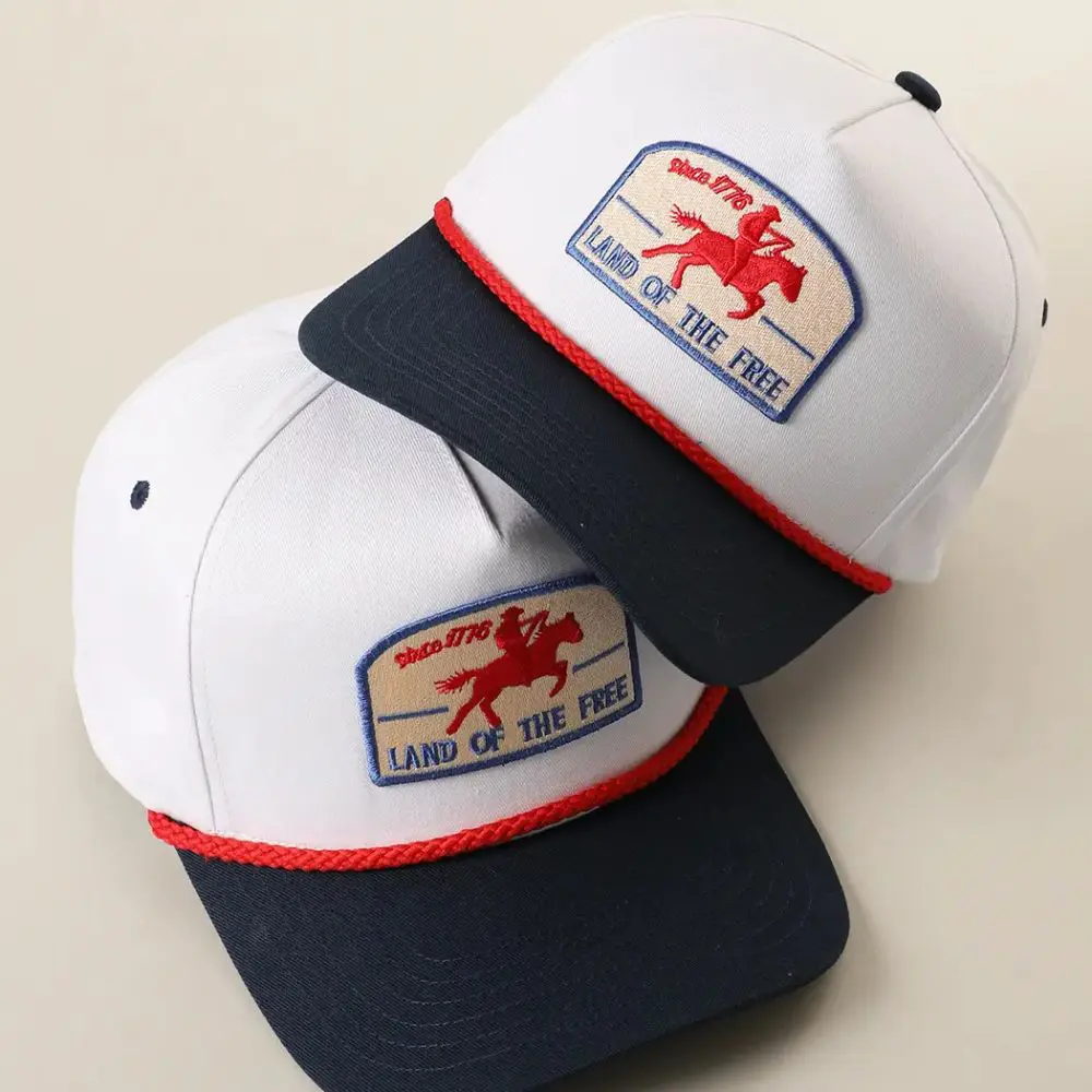 Two Land Of The Free rope trucker hats displayed together