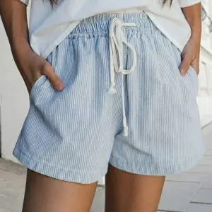 Stripe Drawstring Waist Denim Shorts