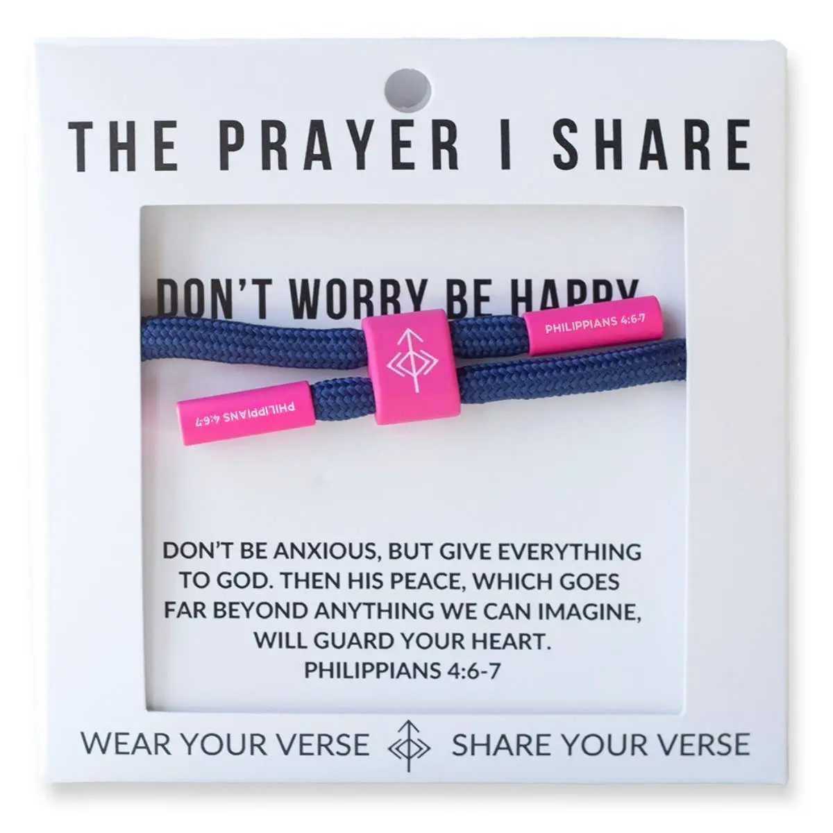 Blue and pink Christian cord bracelet with Philippians 4:6-7 scripture reference