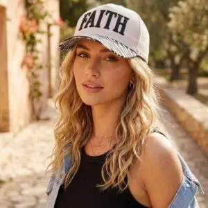Woman wearing Faith puff embroidered hat with zebra-print bill and adjustable snapback design.
