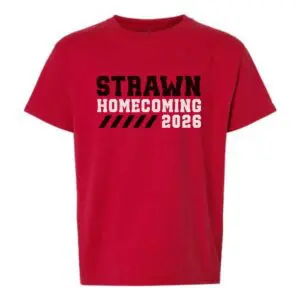 Red kids Strawn Homecoming 2026 t-shirt featuring a bold athletic-inspired graphic.