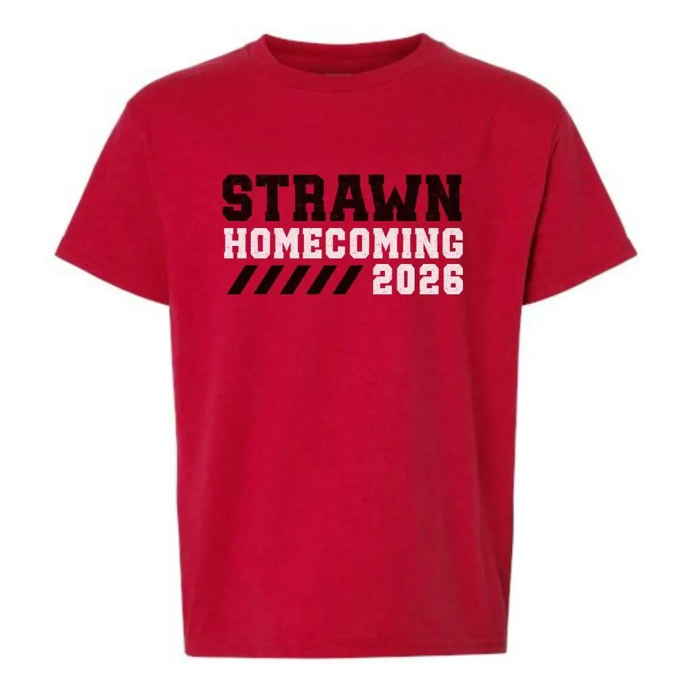 Red kids Strawn Homecoming 2026 t-shirt featuring a bold athletic-inspired graphic.