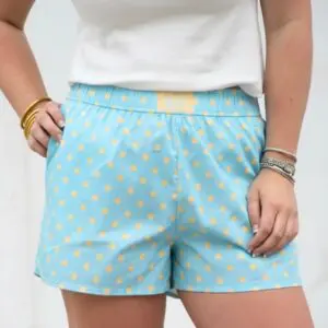Women's Lulu Mac blue boxer lounge shorts featuring butter-yellow polka dots and an elastic waistband.