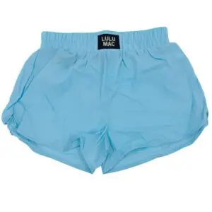 Women's turquoise/sky blue Lulu Mac active shorts with elastic waistband and relaxed athletic fit.
