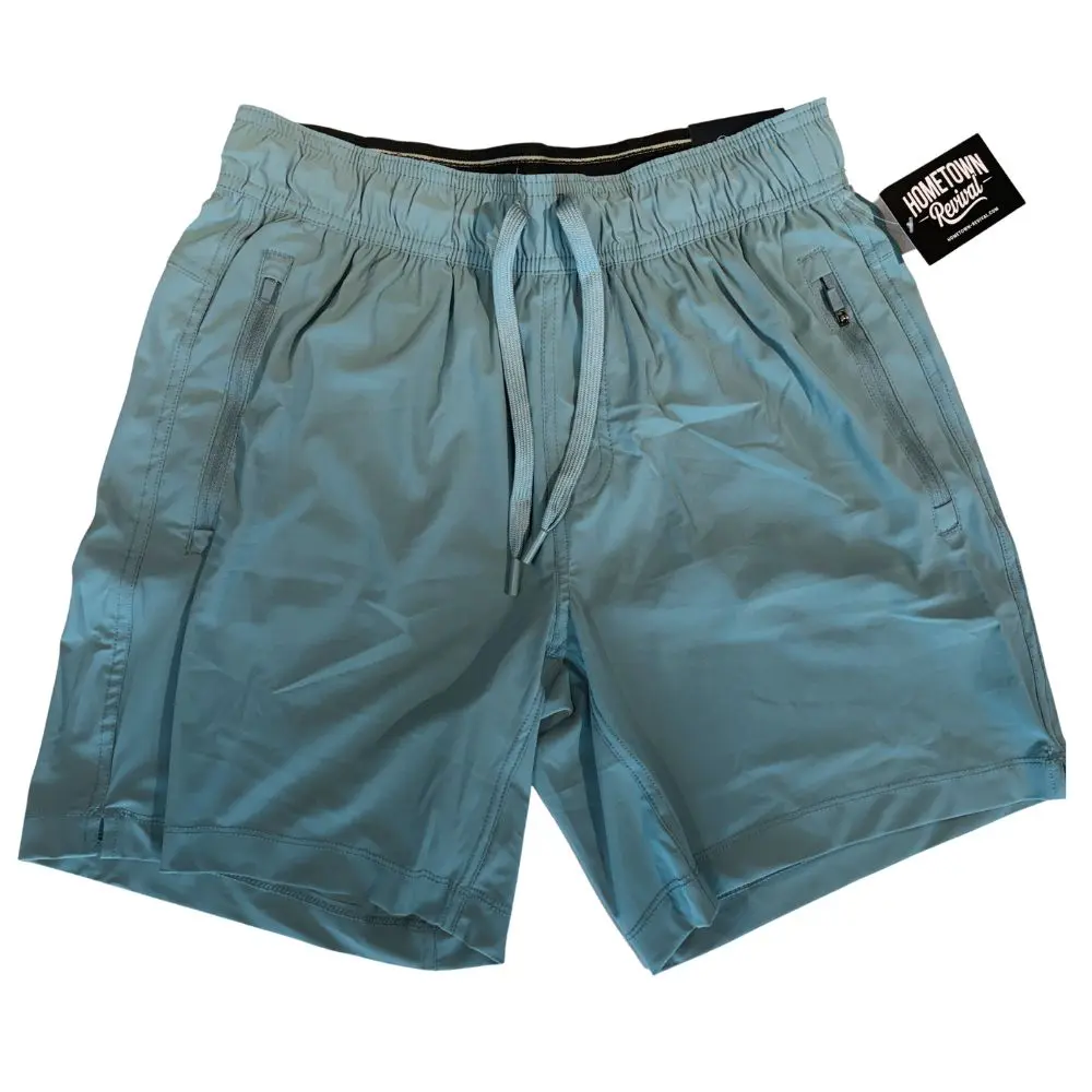 Men's Tornado blue stretch tech shorts with drawstring waistband and zip pockets.