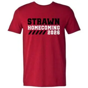 Red Strawn Homecoming 2026 t-shirt featuring a distressed black and white commemorative graphic design.