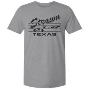 Grey vintage Strawn Texas t-shirt featuring a retro Greyhound graphic and paw print design.