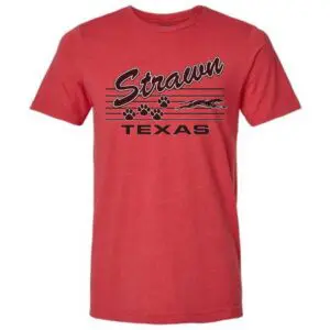 Red vintage Strawn Texas t-shirt featuring a retro Greyhound graphic and paw print design.
