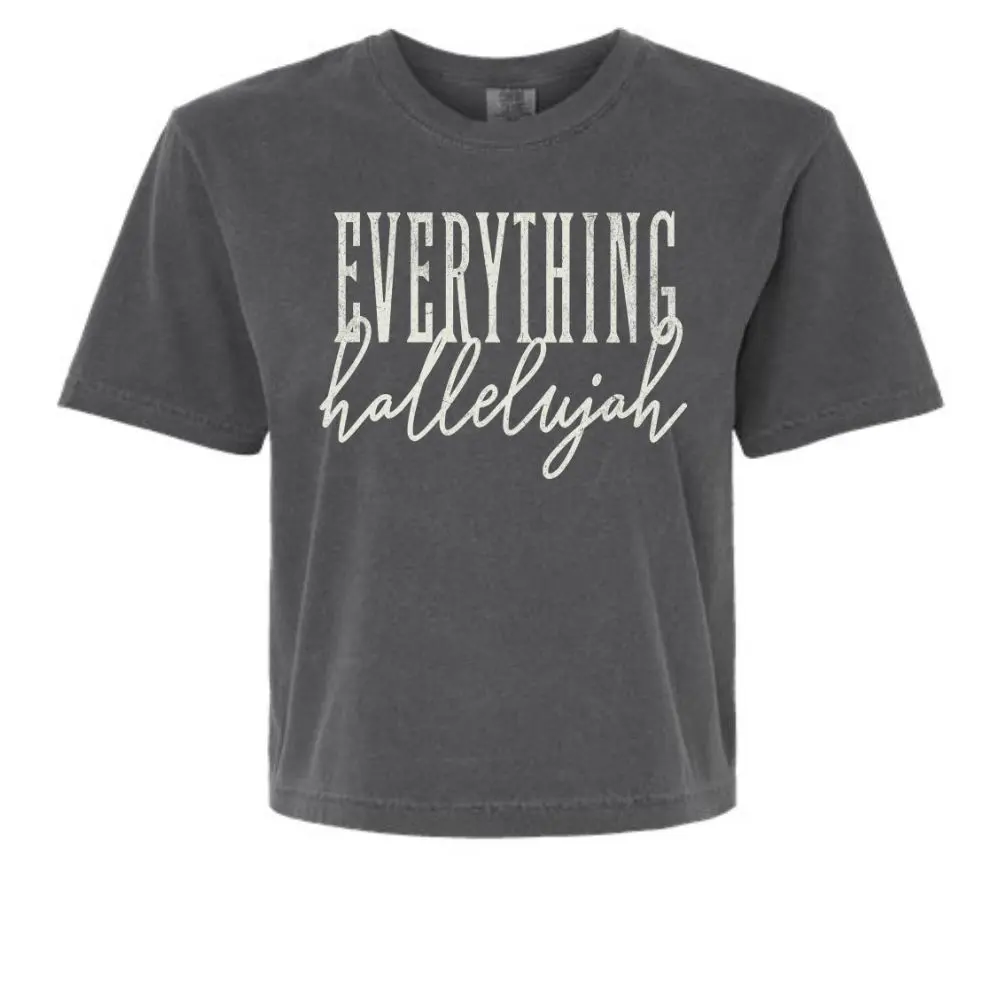 Comfort Colors Pepper women's boxy cropped tee featuring distressed Everything Hallelujah graphic.