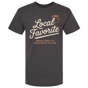 Charcoal gray Parker County Peach Festival t-shirt featuring Local Favorite graphic and peach illustration.
