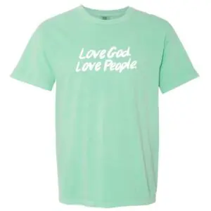 Comfort Colors Island Reef t-shirt featuring Love God Love People white script graphic.