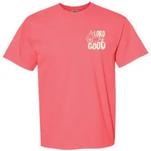 Comfort Colors Watermelon t-shirt featuring The Lord Is Good front chest graphic with fruit illustration.