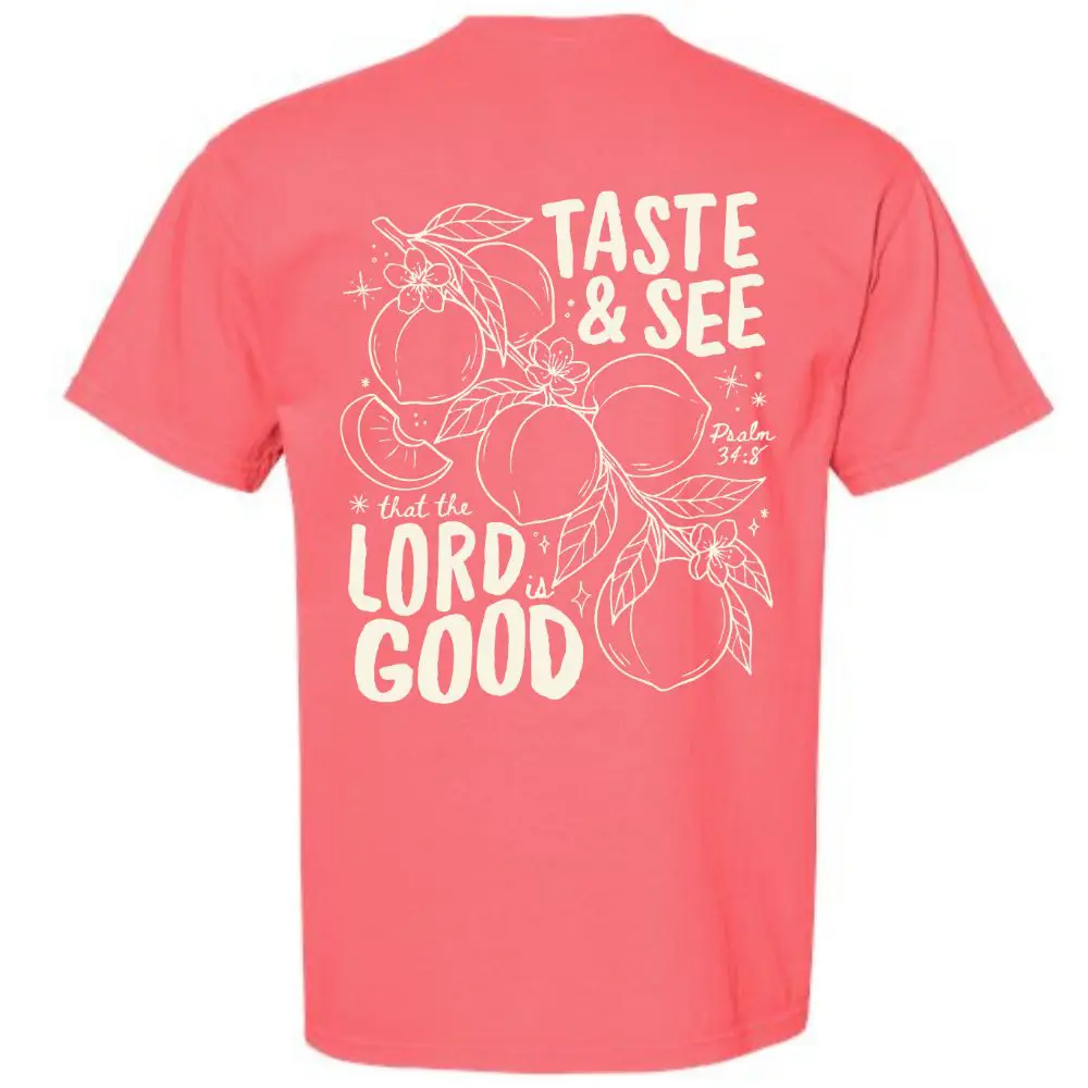 Comfort Colors Watermelon t-shirt featuring Taste and See That the Lord Is Good Psalm 34:8 graphic with fruit illustrations.