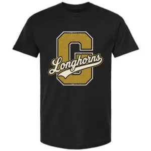 Black 100% cotton Big G Longhorns T-shirt featuring a vintage Gordon Longhorns graphic