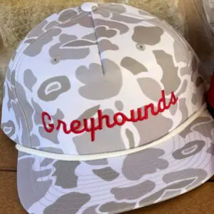 Grey camouflage rope hat with red embroidered Greyhounds script for Strawn Greyhound fans
