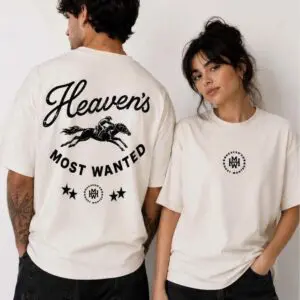 Man and woman modeling the Heaven's Most Wanted Christian t-shirt by Jesus Loves You