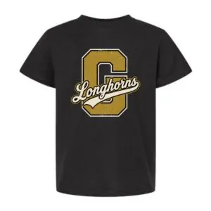 Youth black cotton-poly blend Big G Longhorns T-shirt featuring a vintage Gordon Longhorns graphic