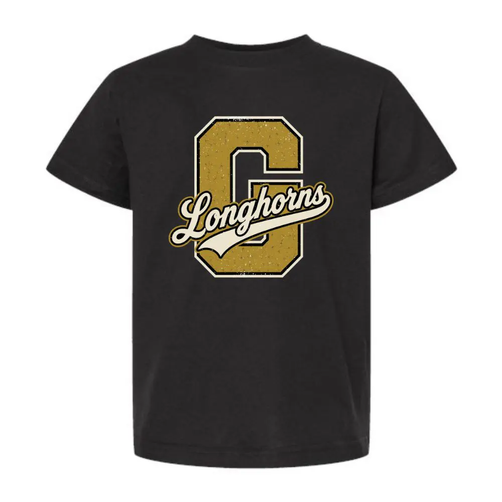 Youth black cotton-poly blend Big G Longhorns T-shirt featuring a vintage Gordon Longhorns graphic