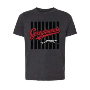 Youth charcoal heather Strawn Greyhounds T-shirt featuring a vintage varsity stripe graphic