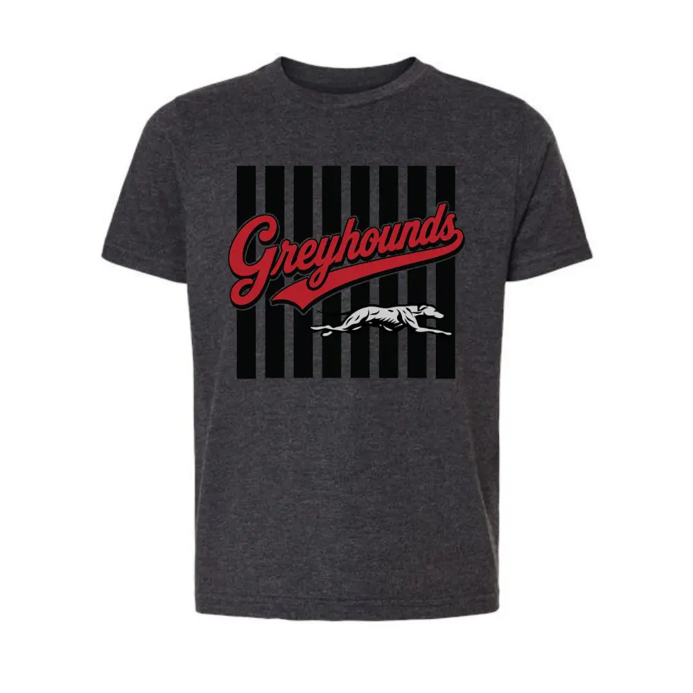 Youth charcoal heather Strawn Greyhounds T-shirt featuring a vintage varsity stripe graphic