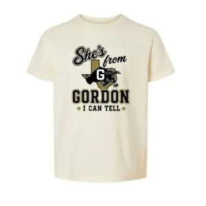 Youth natural cotton-poly blend She's From Gordon I Can Tell T-shirt with Gordon Longhorns hometown graphic