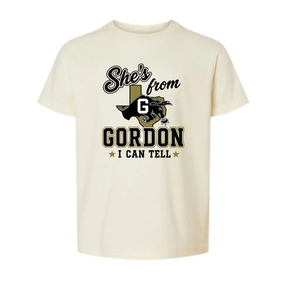 Youth natural cotton-poly blend She's From Gordon I Can Tell T-shirt with Gordon Longhorns hometown graphic