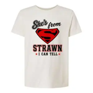 Youth white cotton-poly blend She's From Strawn I Can Tell T-shirt with red and black hometown graphic