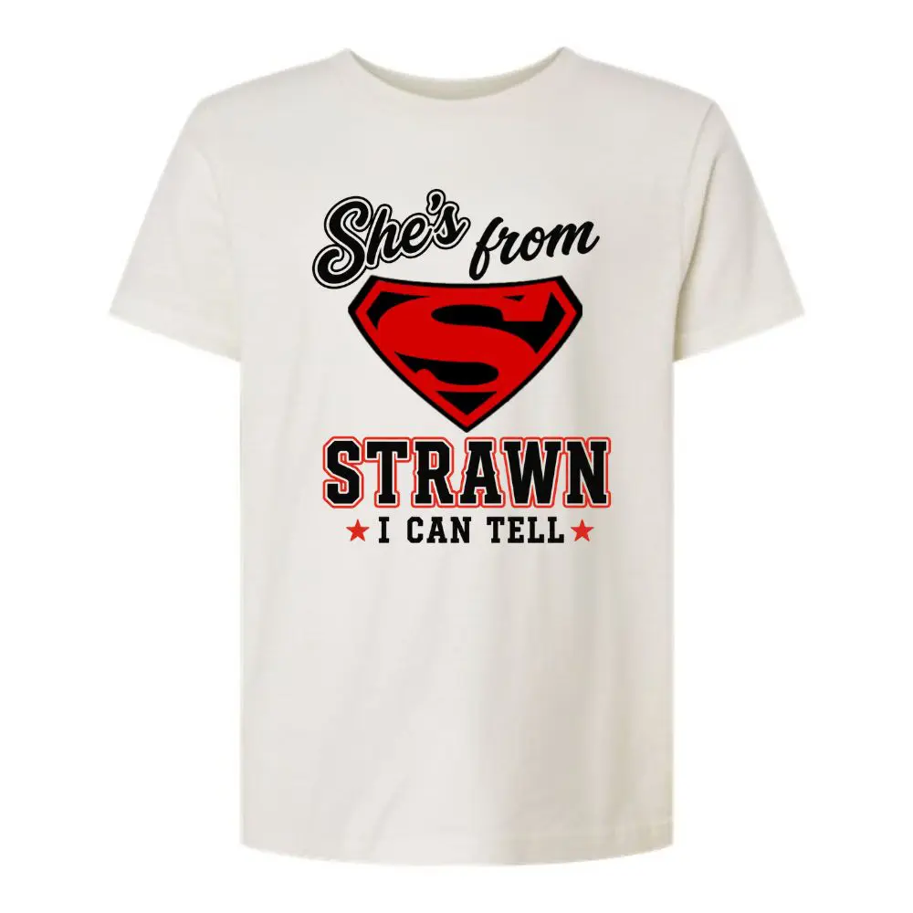 Youth white cotton-poly blend She's From Strawn I Can Tell T-shirt with red and black hometown graphic