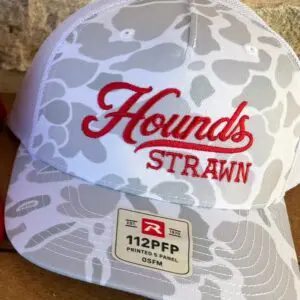 Grey camouflage trucker hat with red embroidered Hounds script and Strawn lettering