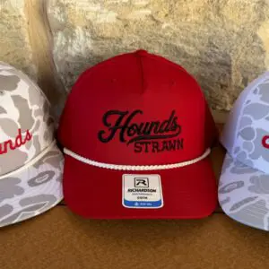 Red Richardson rope hat with black embroidered Hounds script and Strawn lettering