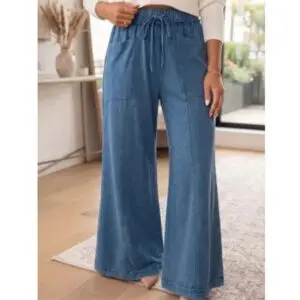 Blue mineral wash wide leg pants with drawstring waist and front pockets